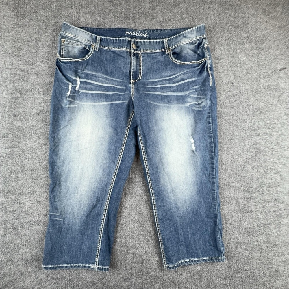Y2K Maurices Capri Jeans Womens 24 Medium Wash Mid Rise Distressed Embroidered